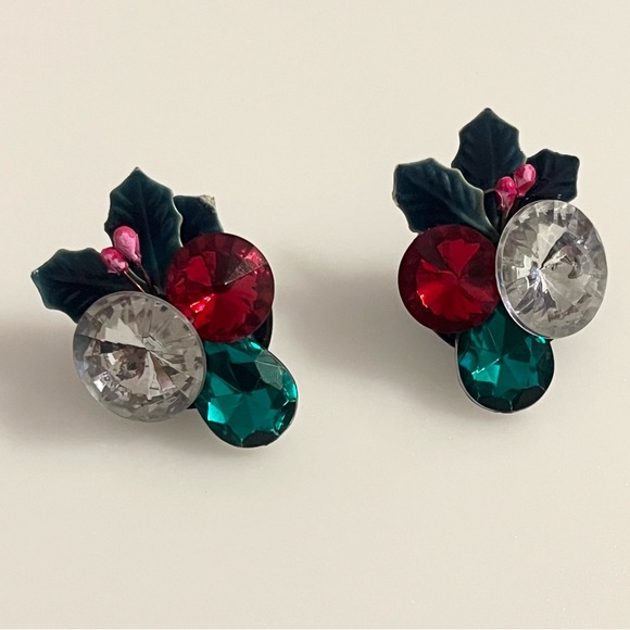 Vintage Christmas Holly Leaf Rhinestone Holiday Earrings - Picture 2 of 11